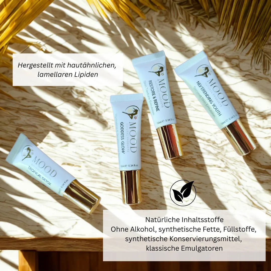 MOOD Naturals Set – mit natürlichen Inhaltsstoffen, frei von Alkohol, synthetischen Fetten, Füllstoffen, Konservierungsmitteln und klassischen Emulgatoren.