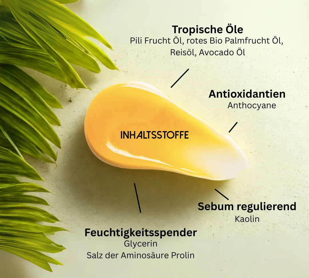 Die Inhaltsstoffe von MOOD Tropical Detox mit den tropischen Ölen, Antioxidantien und Feuchtigkeitsspender